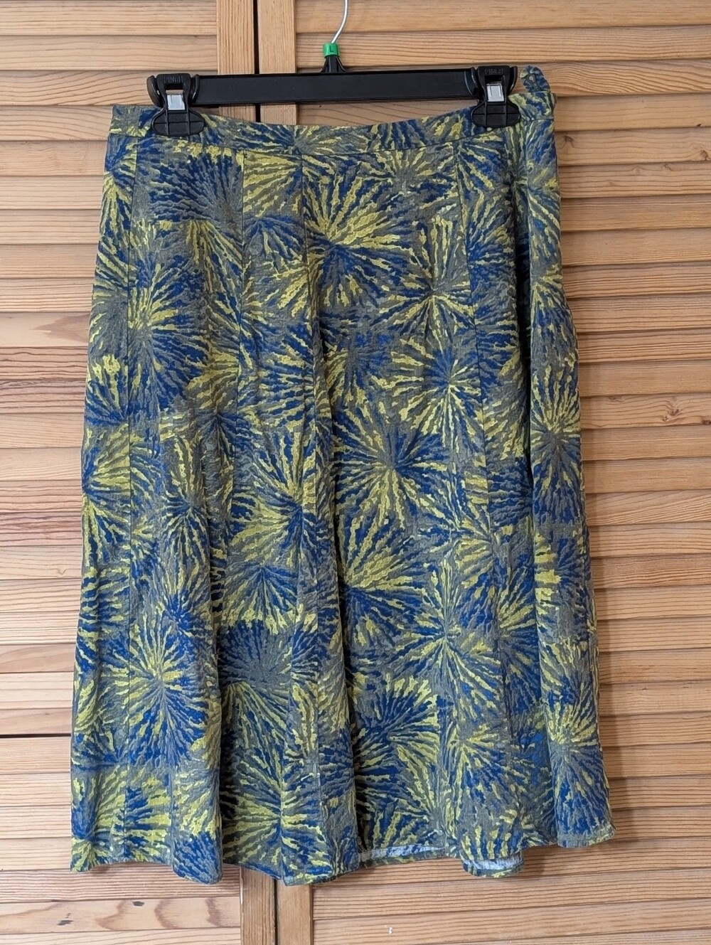 Coldwater Creek Blue and Olive Patterned A-Line Linen Blend Skirt Size 8